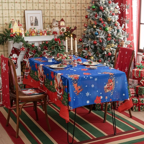 Mantel De Navidad Poliéster Rectangular Patrón De Papá Noel Reno Copo De Nieve Decoración De Mesa De Fiesta Festiva