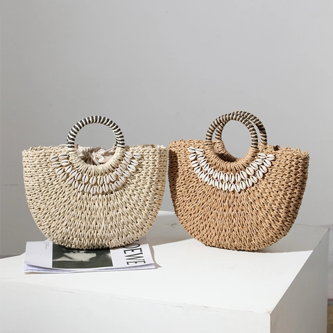Bolso De Mano De Paja Tejida Con Decoración De Conchas Naturales Bohemio Vacaciones En La Playa Bolso Media Luna Asa De Anillo Rayada