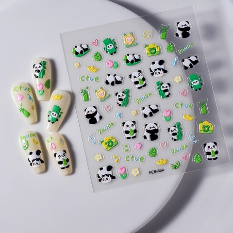 5D Relief Nail Art Stickers Cute Cartoon Panda Bamboo Patterns Self Adhesive Chinese Style Manicure Decoration For Women