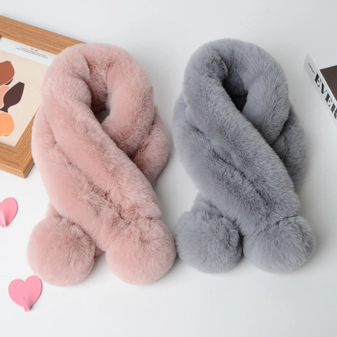 Women Winter Faux Rex Rabbit Fur Scarf Soft Plush Neck Warmer Thick Warm Korean Style With Pom Pom