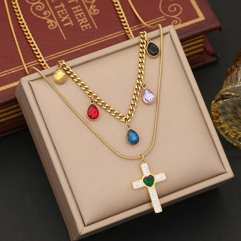 Double Layer Necklace Cross Earrings Stainless Steel Rhinestone Colorful Water Drop Pendants Heart Green Gem Jewelry For Women