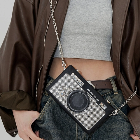 Camera Shaped Crossbody Bag Rhinestone PU Leather Metal Chain Box Clutch Fashion Trendy Vintage Shoulder Bag