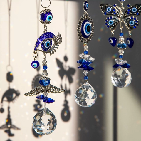 Evil Eye Kristall Sonnenfänger Hängendes Prisma Regenbogenmacher Blau Glas Metall Schmetterling Flügel Für Fenster Garten Heimdekor