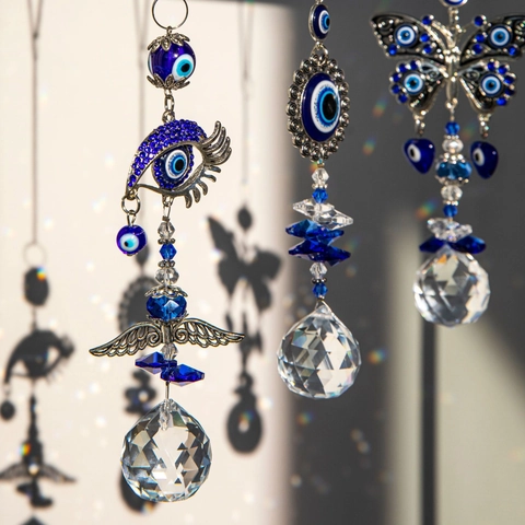 Evil Eye Crystal Suncatcher Hanging Prism Rainbow Maker Blue Glass Metal Butterfly Wings For Window Garden Home Decor