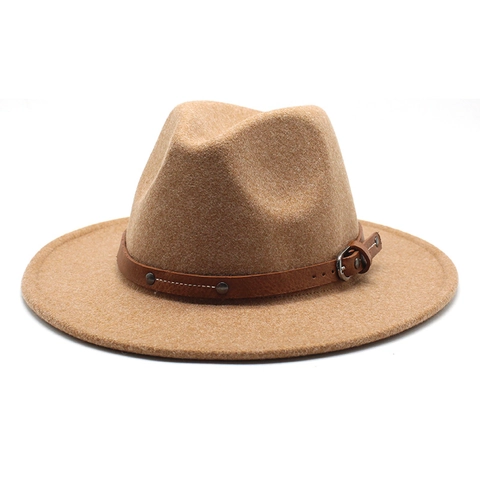 Vintage Wool Felt Fedora Hat Wide Flat Brim With Leather Band Rivets Retro Jazz Panama Cap For Men Women