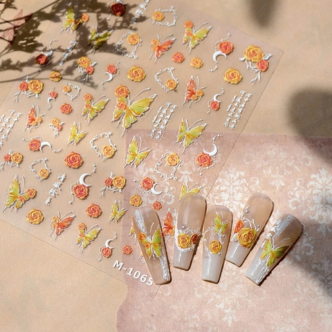 Autocollants Nail Art 5D Gaufrés Papillon Rose Orange Fleurs Lune Design Relief Auto Adhésif DIY Décoration Manucure Élégante