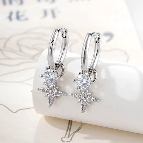 Orecchini A Cerchio Con Stella Eleganti Con Zircone Tondo E Ciondolo Stella Polare Rame Colore Argento Gioielli Piercing Per Donna
