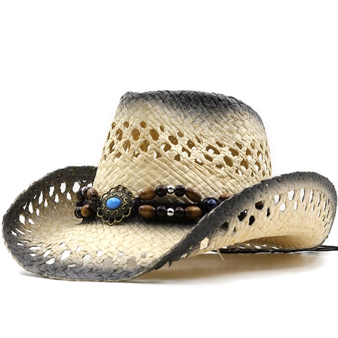 Cappello Da Cowboy Western In Paglia Fatto A Mano Traforato Traspirante Cappello Da Sole Uomo Donna Vintage Perline Turchesi