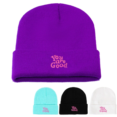 You Are Good Letter Embroidery Knitted Beanie Hat Warm Acrylic Ribbed Cuffed Winter Cap For Women Men