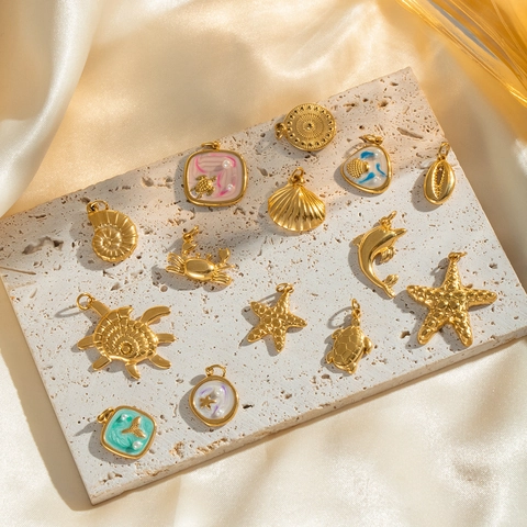 Marine Ocean Animal Charms Pendants Stainless Steel Gold Plated Enamel Artificial Pearl Waterproof DIY Jewelry Making Accessories
