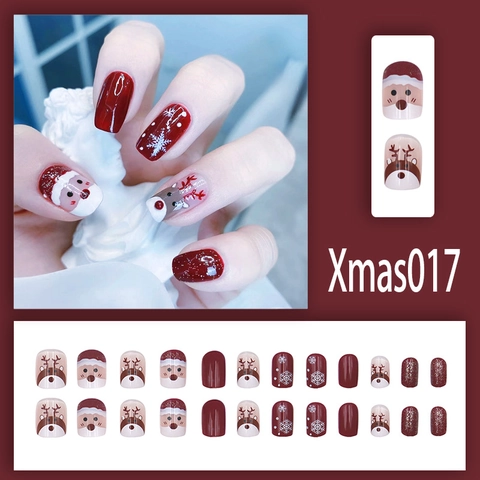 Christmas Press On Nails Red Glitter Reindeer Snowflake Santa Claus Short Square Round False Nails Detachable Festive