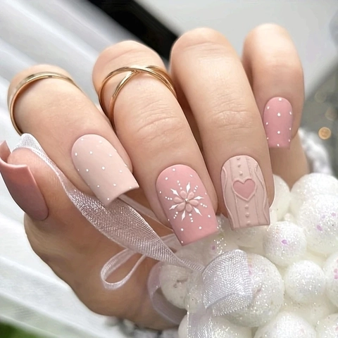 Press On Nails Matte Pink Heart Snowflake Embossed Sweet Cute Medium Square Fake Nails With Jelly Glue And File