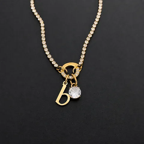 Roestvrij Stalen Alfabet Hanger Halsketting Voor Vrouwen Glinsterende Strass Tennis Ketting 14K Verguld Initiële Letter Sieraden Cadeau