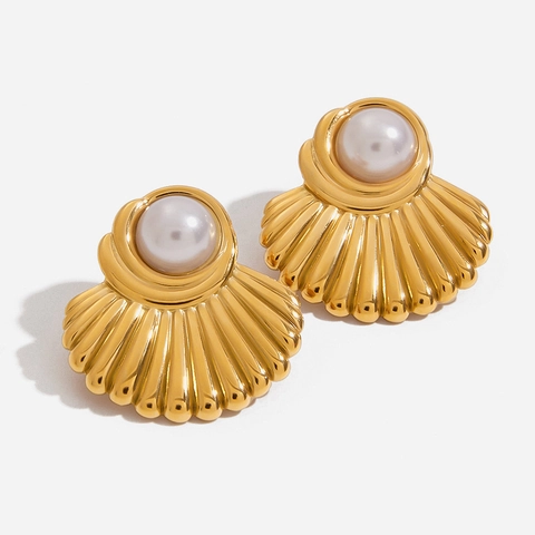 Orecchini A Lobo Ventaglio Conchiglia Oro 18K Acciaio Inossidabile Con Perla Artificial E Occhio Di Tigre Impermeabile Gioielli Donna