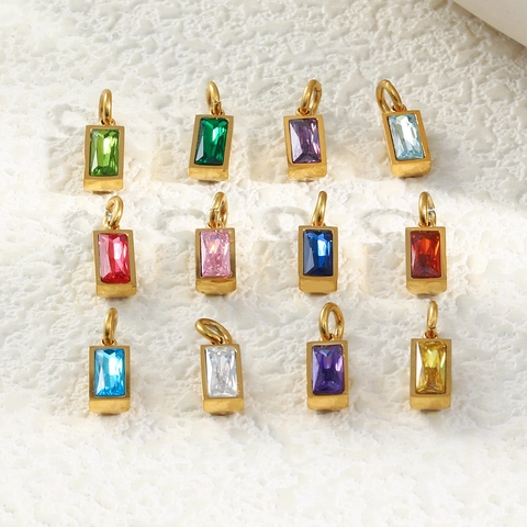Birthstone Pendants Rectangle Stainless Steel 18K Gold Plated Zircon Crystal Charms For DIY Jewelry Making Crafts