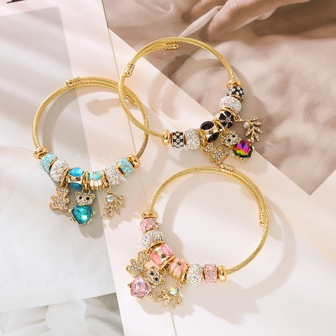 Bracciale Regolabile Con Ciondoli Lega Acciaio Inossidabile Strass Orso Cuore Pendente Gioielli Per Donne