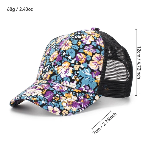 Floral Print Mesh Trucker Hat Breathable Polyester Curved Brim Adjustable Baseball Cap For Women Outdoor Sun Protection