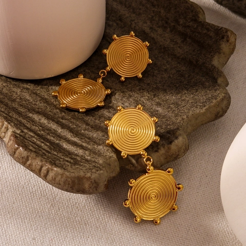 Vintage Dangle Earrings 18K Gold Plated Stainless Steel Double Round Spiral Disk Bohemian Geometric Statement For Women