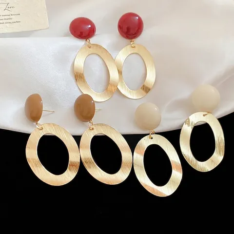 Brushed Metal Oval Loop Drop Earrings With Resin Ball And 925 Sterling Silver Earring Post Retro Geometric For Women