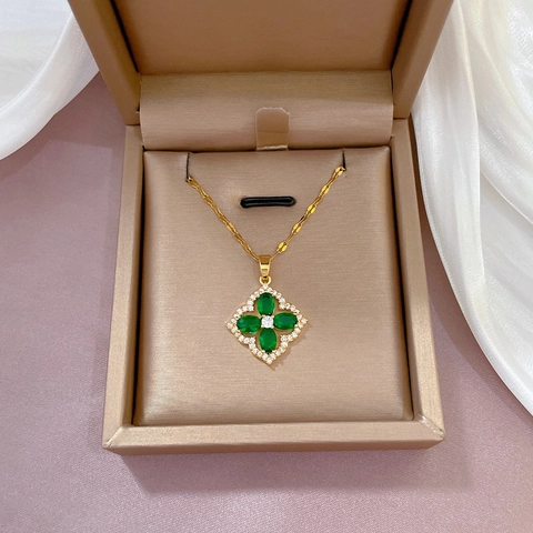 Four Leaf Clover Pendant Necklace Titanium Steel Copper Gold Plated Green Zircon Micro Pave Luxury Jewelry For Women
