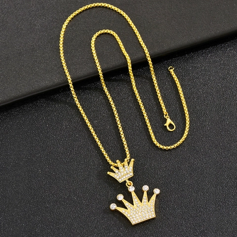 Hip Hop Königskrone Anhänger Halskette Vergoldete Legierung Mit Strasssteinen Modeschmuck Für Herren Damen Trendig