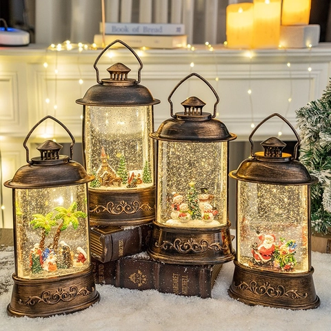Lanterna Palla Di Neve Di Natale Lanterna Ad Acqua Decorativa LED Illuminata Glitter Rotanti Musicale Bronzo Antico Decorazione Tavola Regalo