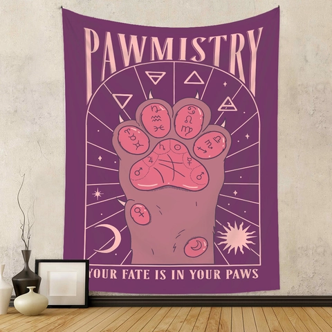 Pawmistry Cat Paw Tapestry Polyester Astrology Zodiac Wall Hanging Bohemian Vintage Mystical Home Decor