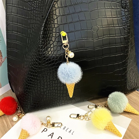 Cute Plush Ice Cream Keychain With Artificial Pearl Decoration Macaron Color Pom Pom Bag Pendant For Women Girls Gift