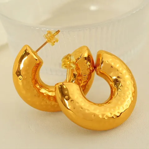 Chunky Hoop Earrings Women 18K Gold Plated Stainless Steel Textured Hammered Irregular Hollow C Shaped Fashion Jewelry