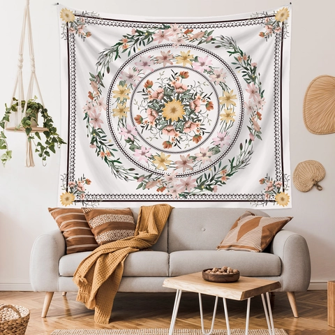 Floral Mandala Tapestry Polyester Wall Hanging Background Cloth Bohemian Style For Bedroom Living Room Home Decor