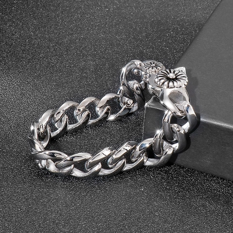 Heren Curb Schakelarmband 316L Roestvrij Staal Zware Punk Vintage Zonnebloem Gegraveerde Sluiting Sieraden