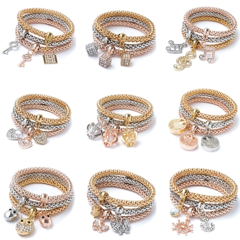 Women Tricolor Popcorn Mesh Chain Bracelets Alloy Rhinestone Heart Butterfly Tree Of Life Elastic Charm Jewelry