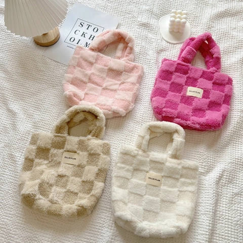 Borsa A Mano Tote In Peluche A Scacchi Pelliccia Sintetica Piccola Borsa A Secchiello Quadrata Stile Ins Coreano Casual Per Donne