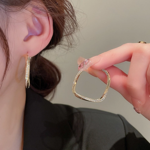 Geometric Twisted Square Hoop Earrings Gold Plated Copper Rhinestone With 925 Sterling Silver Earring Post Elegant Women