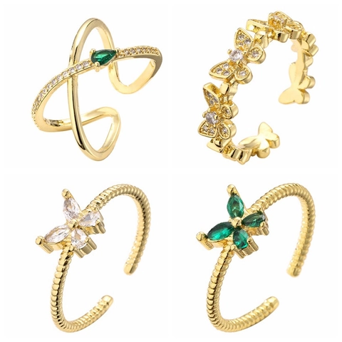 Bagues Papillon Réglables Cuivre Plaqué Or Zircone Cubique Micro Pavé Croix Évidée Bijoux De Doigt Ouverts Pour Femmes