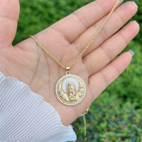Religious Virgin Mary And Sunburst Pendant Necklace Gold Plated Copper With Cubic Zirconia And Imitation Artificial Pearl Jewelry