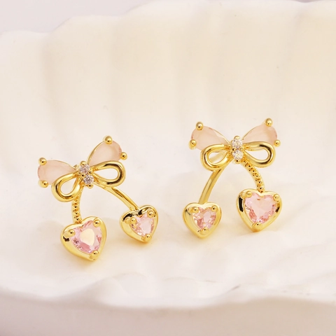 Cherry Stud Earrings Copper With Pink Heart Zircon Bow Sweet Romantic Jewelry Gift For Women