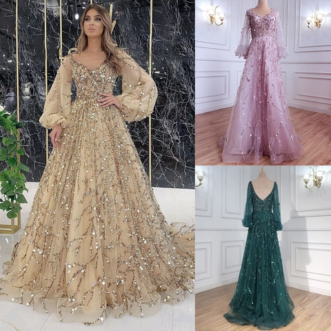 Women Luxurious Satin Evening Dress Sequin Beaded V-Neck Lantern Sleeve Formal Gown For Party Banquet Wedding Anniversary