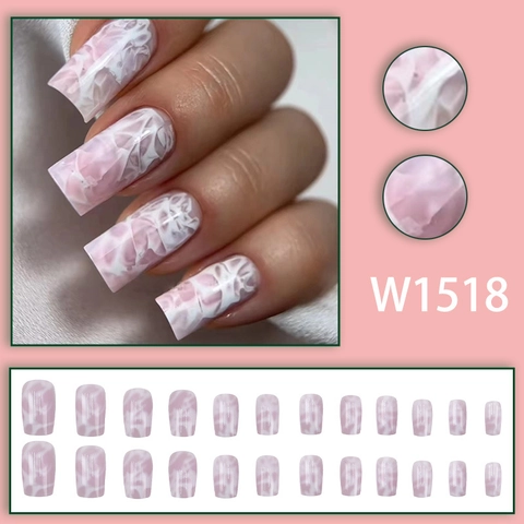Kunstnagels Met Marmerpatroon Roze Wit Glanzend Lange Vierkante Valse Nagels Voor Vrouwen