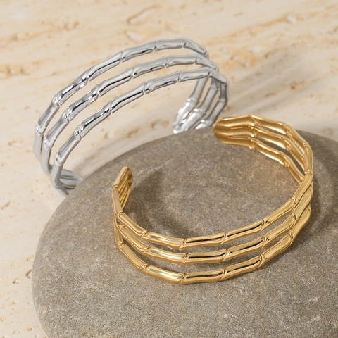 Edelstahl Offener Armreif Dreilagig Bambus Gelenk Design Geometrische C-Form Hochwertiger Minimalistischer Schmuck Für Damen