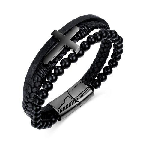 Men's Stainless Steel Genuine Leather Multi-layer Bracelet With Cross Natural Stone Beads Magnetic Clasp Punk Jewelry