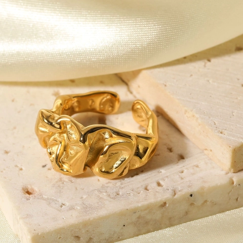 Irregular Lava Texture Open Ring Stainless Steel Gold Plated Liquid Metal Style Adjustable Minimalist Jewelry For Women Men