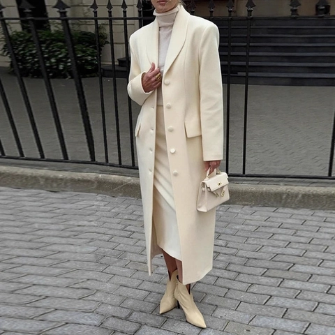 Dames Lange Jas Met Woltextuur Sjaalkraag Enkele Rij Knopen Slanke Pasvorm Elegante Taille Britse Stijl Overjas