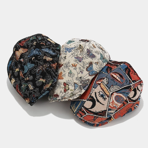 Gorra Plana De Algodón Jacquard Vintage Estampado Mariposa Pop Art Comic Para Hombres Mujeres Sombrero Retro Ajustable