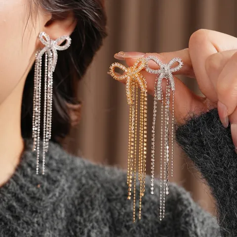 Orecchini Pendenti A Fiocco Con Lunghe Nappe Rame Zircone Placcato Oro 18K Perno In Argento Gioielli Eleganti Da Festa Per Donna