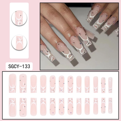 Uñas Postizas Largas De Ataúd Con Diamantes De Imitación Purpurina Puntas Francesas Blancas Manicura Elegante