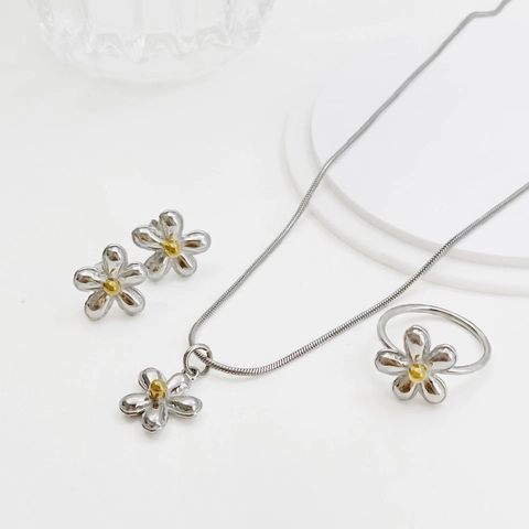 Gänseblümchen Blume Halskette Ohrstecker Ring Titan Stahl Silber Gold Überzogen Elegant Süß Blumig Accessoires Für Damen