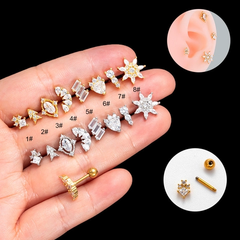 Helix Cartilage Stud Earrings Stainless Steel Copper Zircon Heart Star Leaf Piercing Jewelry For Women Fashion