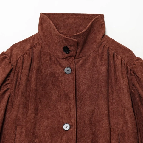 Women Suede-like Short Jacket Stand Collar Pleated Puff Sleeve Button Up Outerwear Streetwear Casual Solid Brown Coat
