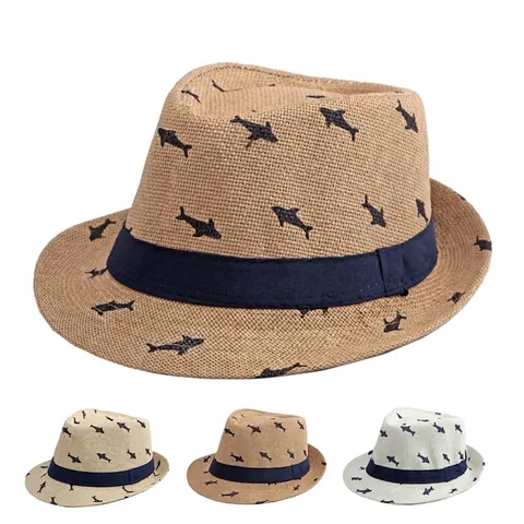 Breathable Straw Fedora Hat Shark Palm Print Sun Protection Summer Beach Panama Jazz Cap For Men Women And Kids